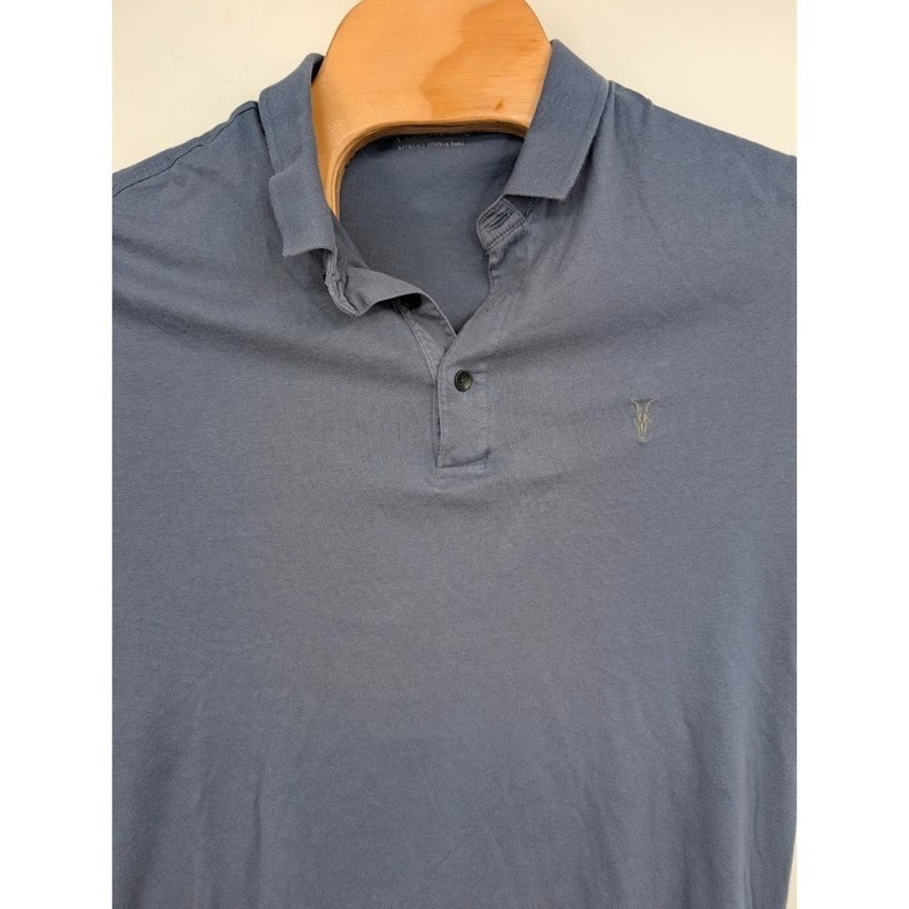 AllSaints Vidal Cotton Polo Shirt Blue Ramskull Embroidery Men's sz S